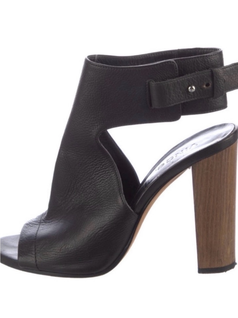Vince Black Leather Open-Toe Block Heel Sandals Wood-Look Heel 6.5/7 SEE NOTE